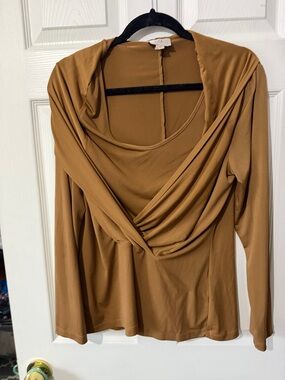 Beige by eci Draped Long-Sleeve Top in Camel Brown